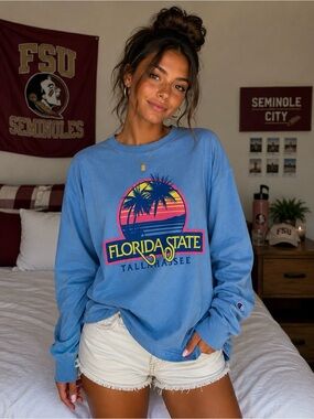 Champion Florida State Seminoles Tallahassee Retro Blue Colors Long Sleeve Tee L